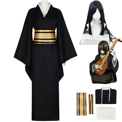 Anime Nakime Cosplay Costume Infinity Castle Pipa Girl Wig Japanese Black Kimono Dress Bathrobe Wig