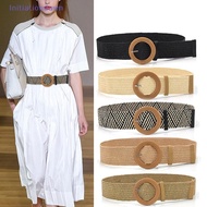 [Initiationdawn] Summer Women Elastic Belt Round Buckle Vintage Boho Straw Woven Belt Dress Belt New