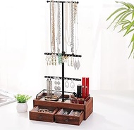 GPUSFAK Jewelry Organizer Stand Necklace Holder - 3 Tier with 2 Wooden Drawers for Bracelet Earrings Rings Black