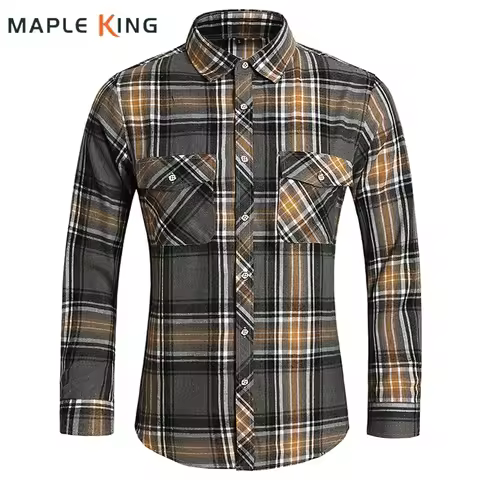 Men Autumn Clothes Plaid Shirt Vintage Double Pocket Social Camisa Hombre Formal Business Dress Shir