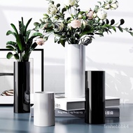 🚓Glass Vase Factory Simple Black White Straight round Mouth Floor Flower Arrangement Vase Hotel Model Room Decorative Or