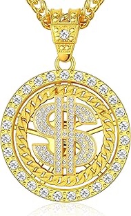 Krfy Gold Necklace Chain with Dollar Sign, Rotatable 18K Gold Plated Chain for Men Money Pendant Nec