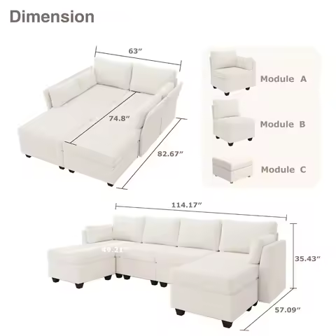 114.17" 6-Seat Convertible Modular Sectional Sofa With Storage & Memory Foam For Living Room, Custom