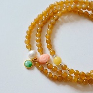 天然和田玉/和闐玉-糖玉 翡翠滴溜人造粉珊瑚珍珠設計多圈手串
