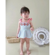 Set of swimsuits with pink and blue checkered hats for adorable little girls to wear to the beach A7