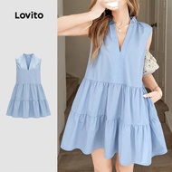 Lovito Casual Dress Pleated Tiered Layer Commute Spring/summer Blue Dress for Women LK3ED603 Lovito 