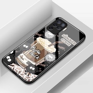 Case For OPPO A94 Reno 5F 5 Lite F19 Pro Cute Cartoon Charcoal Coffee Pattern Glass Shockproof