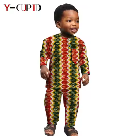 African Clothes for Kids Boys Akara Print Boy Shirt Top and Pants Sets Bazin Riche Children Clothing