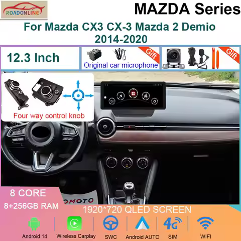 12.3 Inch 8+256GB Android 14 Car Radio For Mazda CX3 CX-3 Mazda 2 Demio 2014-2020 Multimedia Video P