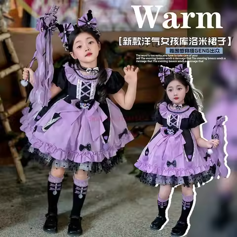 Kawaii Cosplay Kuromi Lolita Princess Dress Summer Children's Costume Dress Puffy Skirt Suit Cute Gi