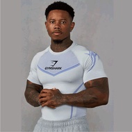 Gymshark Men's Seamless Compression Shirt White Light Blue Short Sleeve Quick Dry Breathable Gym Wor
