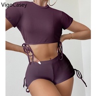 VigoCasey Sexy Solid Short Sleeve Bikini Set Swimwear Women 2023 High Waist Shorts Swimsuit Biquini
