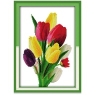 Cross Stitch Kit Tulip Flower Design 14CT/11CT Counted/Stamped Unprinted/Printed Fabric Cloth, Cross Stitch Complete Set with Pattern