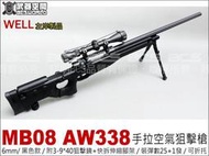 【武雄】WELL MB08 AW338 手拉空氣狙擊槍黑色 附3-940狙擊鏡快拆伸縮腳架CAWMB08B