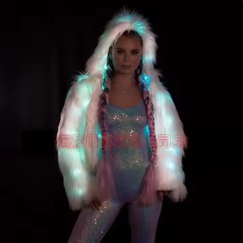 LED Light up Faux Fur Coat Women's Hoodie Jacket Festival EDM Party Nightclub Wear Rave Outfit 2026 