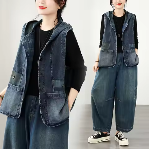 Loose Casual Hooded Denim Vest plus Size Short Sleeveless Spring Autumn Outerwear for plus Size Wome