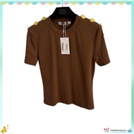 2025 Round Neck Genuine Shoulder Metal Button Epaulette Design t-Shirt Tencel Ice Silk Short-Sleeved