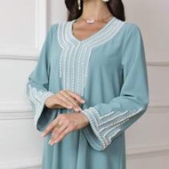 Women's Loose Embroidered & Beaded Long Robe For Fasting Season, Modest Kaftan