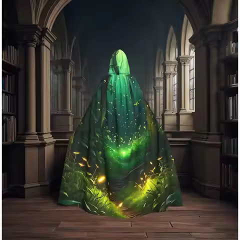Glowing Emerald Magical Enchanted Forest Viking Goddess Long Hooded Cloak Witch Medieval Costume Cos