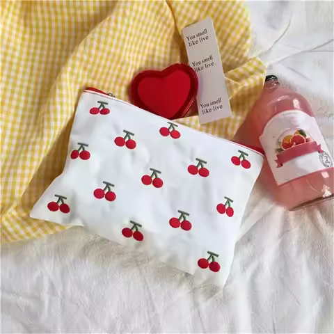 Cherry Embroidery Cosmetic Bags Zipper Lipstick Bag Ins Kawaii Retro Girls Canvas Bag Makeup Case St