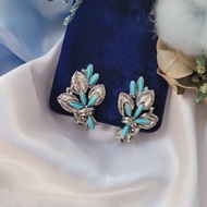 美國西洋古董飾品 / 銀色調藍色綠松石夾式耳環/復古首飾