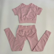 2 Pieces Dfyne Seamless Yoga Set Women Workout Short Sleeve Crop Tops Sport Scrunch Bum Leggings