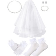 Newcotte 6 Pcs First Communion Veil Catholic Set Girl Communion Veil, Gloves, Lace Socks, Pearl Neck