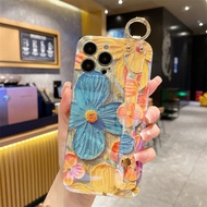 Wrist strap Floral phone case for iphone 15 15Pro 15promax 15plus 14 14Pro 14promax 13 13promax 12 12promax Cute oil painting green lotus yellow blue flower pattern phone case for iphone 11 x xr xsmax Beautiful phone case for iphone 7plus With Stand