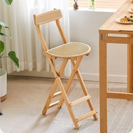 Foldable high legged stool, rattan woven backrest, bar chair, household portable space saving restaurant, kitchen high legged chair
