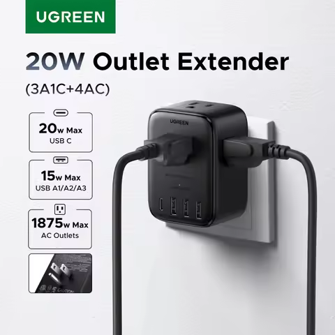 UGREEN Outlet Extender 20W Power Strip 4 AC Outlets 3 USB-A 1 USB-C Wall Charger for Home Office Tra
