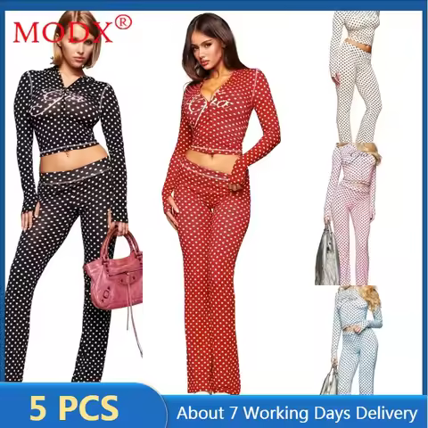 5 Wholesale Two Piece Set Women Outfits Long Sleeve Dot Printing Letter Hooded Top + Leggings Y2k Tr