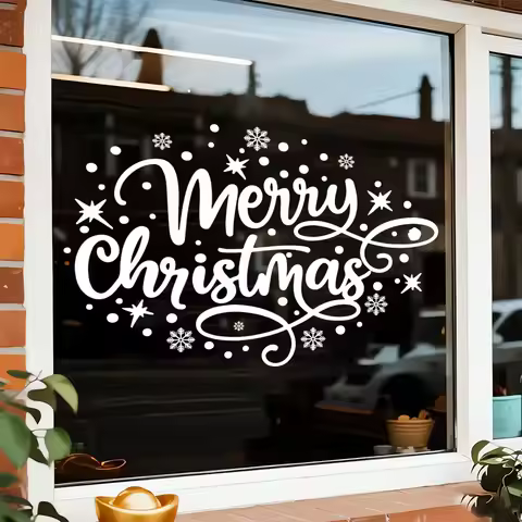 Oversize Merry Christmas Window Stickers White Lines Christmas Wishes Glass Static Cling Film Home &