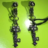 Anna Sui全新限量正品925純銀紫色水鑽鑰匙垂墜夾式耳環安娜蘇