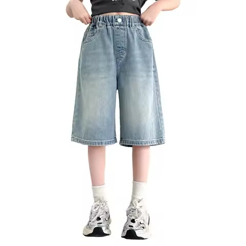 Summer Popular Items Teen Girls Casual Knee-Length Jeans with Pocket Line Embroidery Teenage Child F