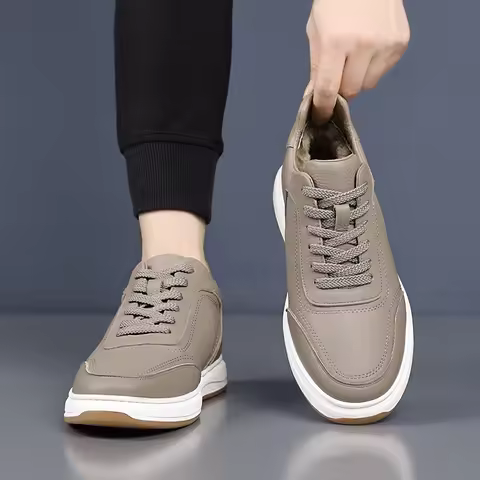 Mens Taupe Genuine Leather Mid Top Sneakers Lace Up Comfortable Casual Shoes For Business Daily Stre