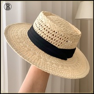 Wide Brim Flat Top Ribbon Straw Hat Retro Old Money Style Sun Protection Beach Fedora Cap