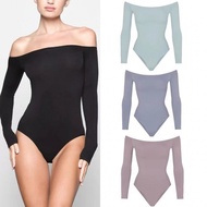 Skims Kardashian Lightessential Off-The-Shoulder Long Sleeve Bodysuit With Hip-Wrap Detail