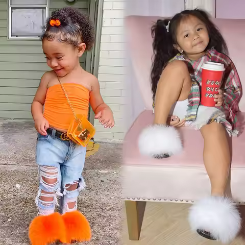 Hot Selling Colorful Rainbow toddlers Fox Fur Slides For Women And Kids Raccoon Fur Slippers Mommy A