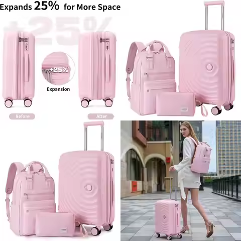 3-Piece Light Pink Expandable Carry-On Luggage Set with Wheels, 22x14x9, Airline Approved