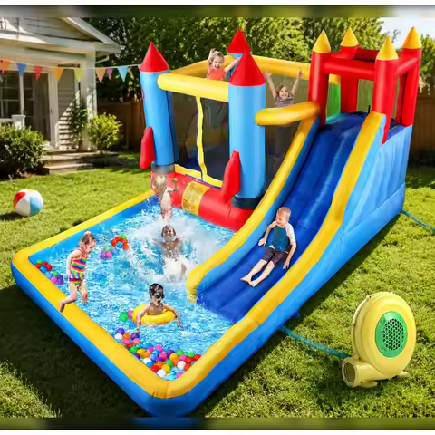 146x132x81 in Bounce House 2 Splash Slides, Climbing Wall, Ball Pit, Jumping Area