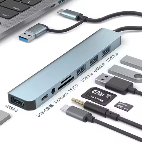 USB C Hub USB Splitter 8 in 2 USB Extender with 4 USB Port 1 USBC Port TF/SD Card Reader Audio Outpu