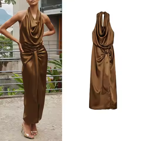 Ele High Waist Silk Satin Bal Midi Dr Summer New Arrival Women's Faion Hanging Collar Gown Svel Long