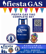 FIESTA GAS 11KG LPG TANK COMPLETE SET WITH LPG SNAP ON REGULATOR (DE SALPAK) OR POL VALVE REGULATOR (DE ROSKAS) AND LPG HOSE WITH CLAMPS (PETRON GASUL LPG) AVAILABLE NATIONWIDE READY FOR YOUR GAS STOVE