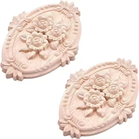 2PCS Wooden Carved Onlay Appliques Oval Carving Decal Center Craft Unpainted Furniture Home Decorati