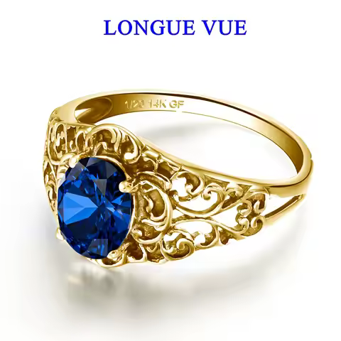 14K Gold Filled Blue Corundum Ring for Women Hollowed-out Pattern Finger Jewelry Non Fading Genuine 