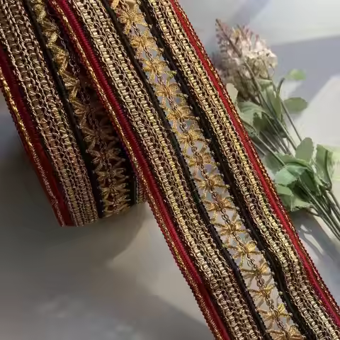 1 Yard Red 7cm Rice Lace Trim Ribbon Ethnic Clothing Gold Thread Embroidery Sequin Fabric Jacquard W