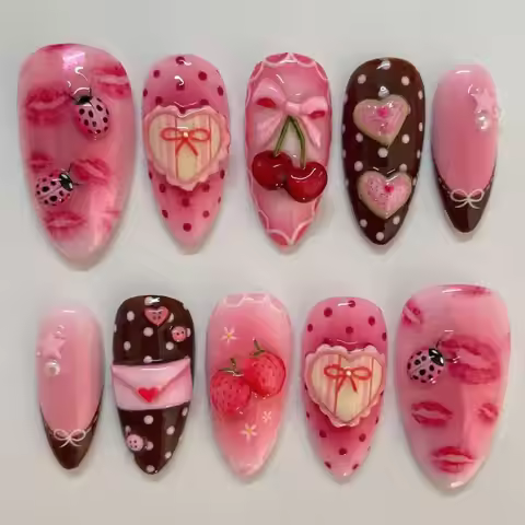 24pcs Y2k Sweet Cool Press On Nails Gradient Blush Pink Almond False Nails Cute Cartoon Cherry Bowkn