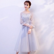 French Grey Plus Size Round Neck Long Sleeve Bridesmaid Dress for Banquet and Prom 60366