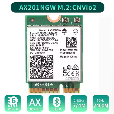 WiFi 6 Wifi Card AX201 AX201NGW 3000Mbps Dual Band 2.4Ghz/5Ghz 2.4Gbps 2400Mbps+574Mbps M.2 Key E CN
