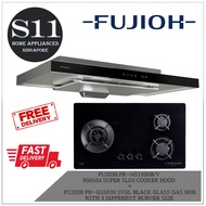 FUJIOH FR-MS1990R/V  900MM SUPER SLIM COOKER HOOD  +  FUJIOH FH-GS5030 SVGL BLACK GLASS GAS HOB WITH 3 DIFFERENT BURNER SIZE BUNDLE DEAL